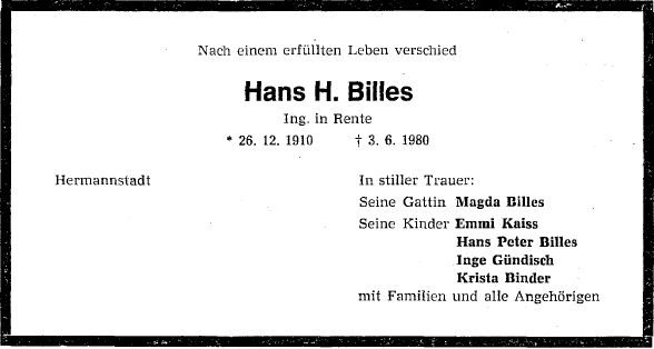 Billes Johann Helmut 1910-1980 Todesanzeige